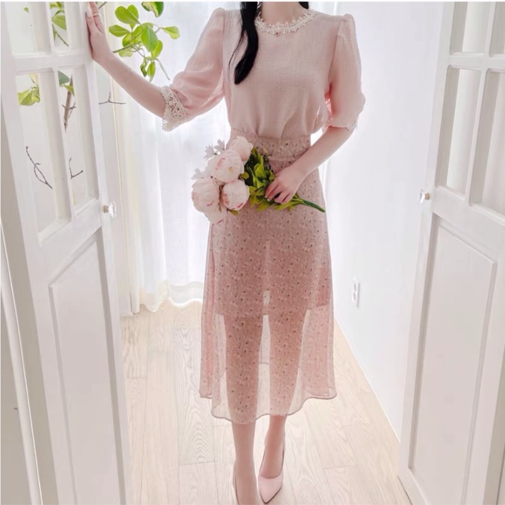 Korean Kfashion Kawaii Elegant A-line Pastel Pink Floral Chiffon Midi Skirt